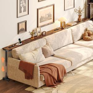 Huuger 110.2 Inch Behind Couch Table with Power Outlets, 23.9-34.4 Height Adjustable Range, Sofa Tables Narrow Long with USB-C Ports, Extra-Long Slim Console Table, for Small Spaces, Rustic Brown