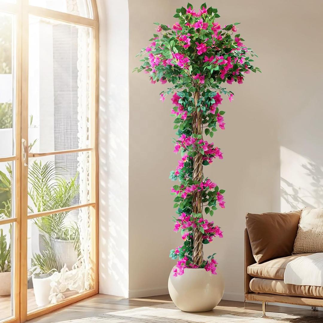 7FT Tall Bougainvillea Artificial Tree for Outdoors or Indoors, Faux Tree Realistic Wood with Flowers in Plastic Pot Front Porch Plants, Home, Office, Red