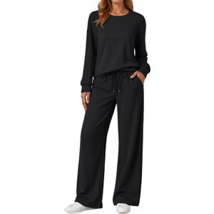LILLUSORY Women's Sweatsuits 2 Piece Outfits Lounge Sweat Sets Matching Travel Tracksuits Wide Leg Sweatpants Fall Clothes (Black) S