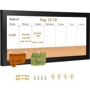 Magnetic Weekly Dry Erase White Board and Cork Board, Black Wood FrameMagnetic Surface Whiteboard for Home Office and Wall Decor(ZHZL-2040BK) (17"W x 7.5"H)