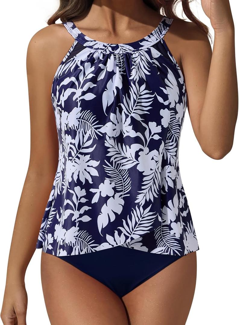 SUUKSESS Women Tummy Control Tankini Bathing Suit Ruffle High Waisted Swimsuit (Large, 60 Navy Blue Floral)