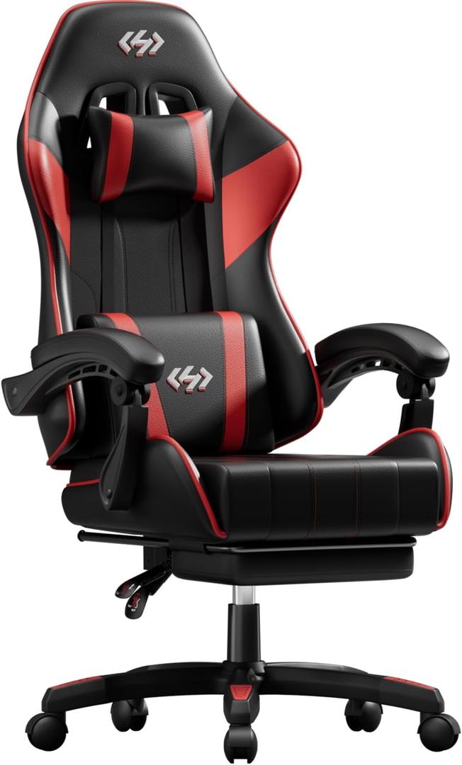 HLDIRECT Gaming Chair with Footrest, Lumbar Support & Headrest, Black&Red, Standard