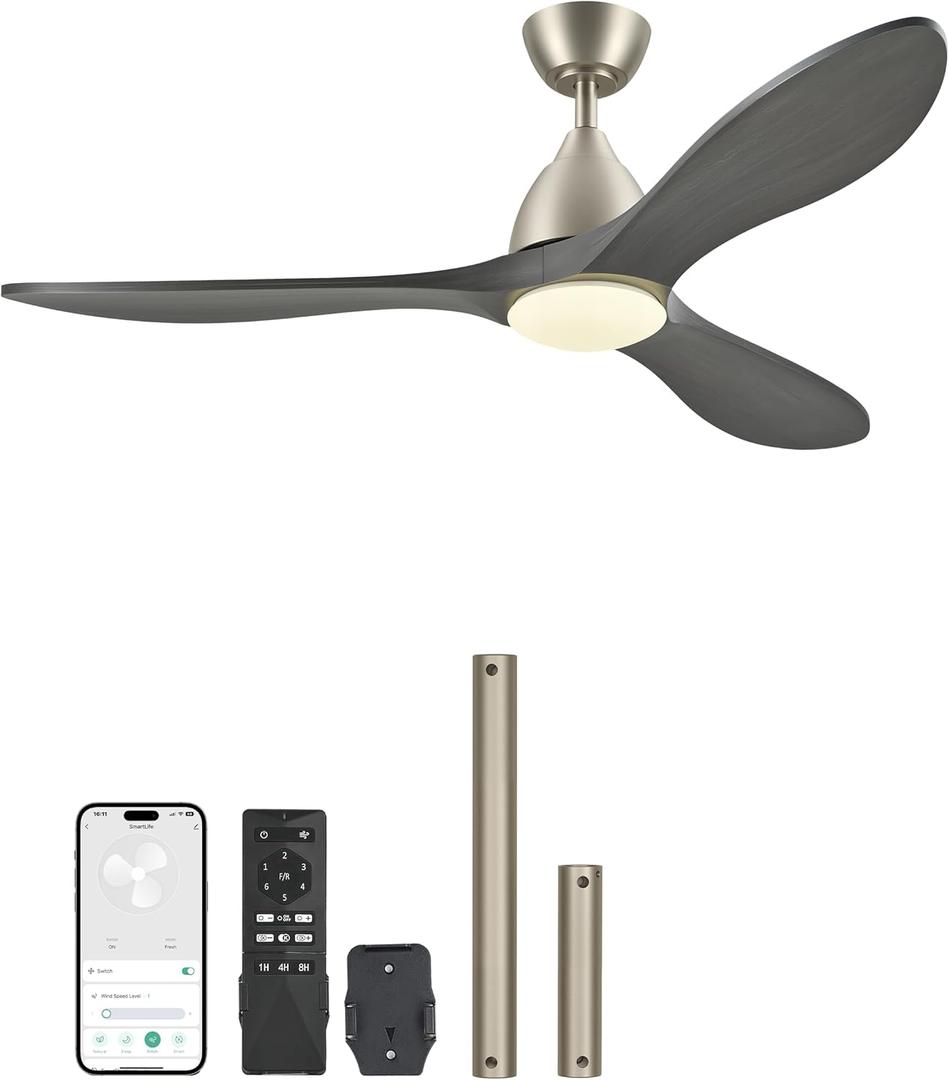 VONLUCE Ceiling Fans with Lights, 52 inch Smart Ceiling Fan with Remote/APP/Alexa Control, 3 Blades, 6 Speeds, Noiseless Reversible DC Motor, Wood Ceiling Fan for Bedroom Farmhouse, Grey (Nickel and Grey)