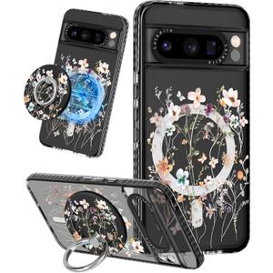 Lotadilo Cute for Google Pixel 8 Pro Case - Compatible with Magsafe Magnetic Ring Holder Stand Kickstand for Women Girls Girly Funny Fashion Pretty TPU Phone Covers Dried Flower Design