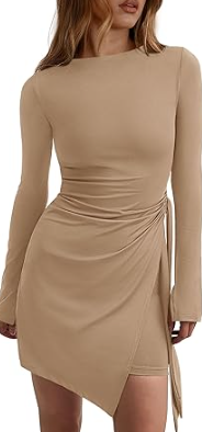 PRETTYGARDEN Women 2025 Mini Bodycon Dresses Long Sleeve Ruched Fitted Short Night Out Trendy Party Club Outfits Fall Clothes XS