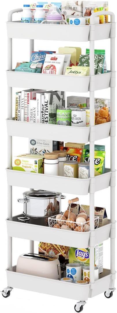 Sywhitta 6-Tier Plastic Rolling Utility Cart with Handle, Multi-Functional Storage Trolley for Office, Living Room, Kitchen, Movable Storage Organizer with Wheels, White