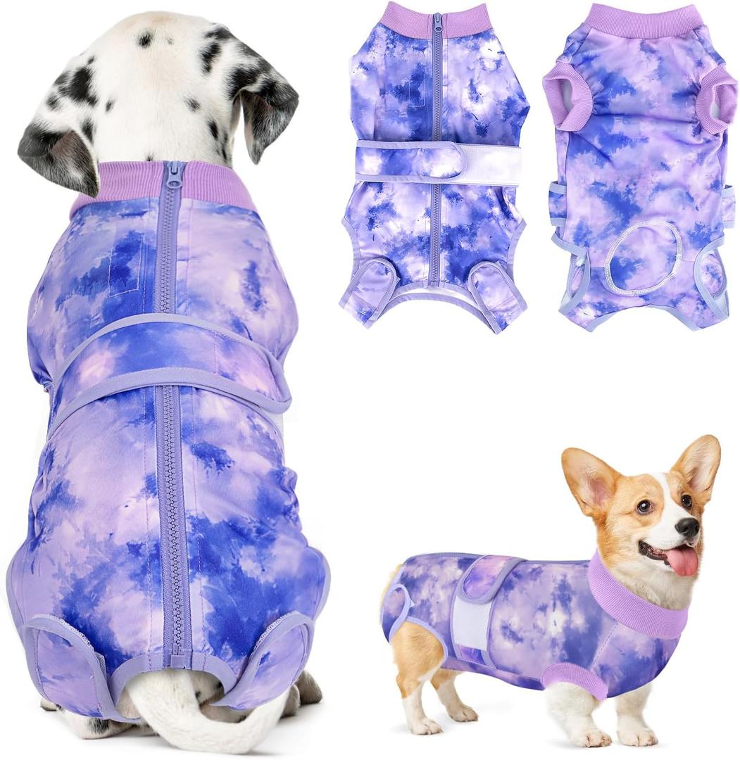 Lukovee Recovery Suit for Dogs, Zipper On Recovery Suit for Female Male Dog, Onesie Abdominal Wounds Cone E-Collar Alternative Prevent Licking Spay Recovery Suit (Medium, Purple Tie-dye)