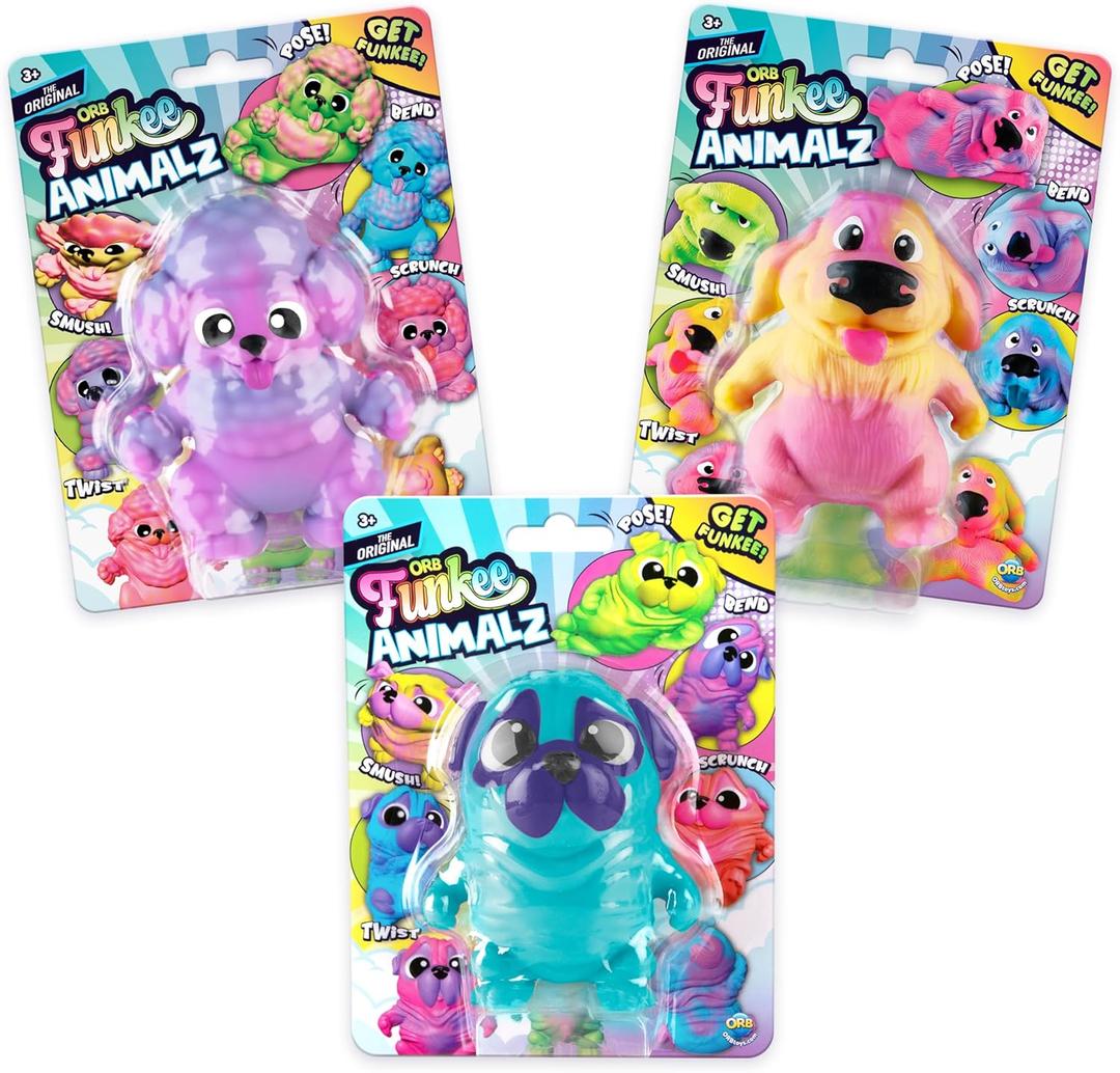 ORB Funkee Animalz MEGA Puppies 3 Pack (Set 1) - Adorable, Funny, Stretchy, Squishy Puppies, Perfect to Squeeze for Stress Relief - Original Sensory / Fidget Collectible Toy Dogs for Kids and Adults