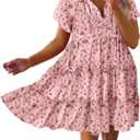 Dokotoo Womens Summer Casual Boho Floral Dresses 2026 V Neck Short Sleeve Sundresses Flowy Swing A-Line Mini Dress (Medium, Pink)