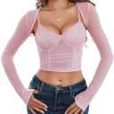 Avidlove Mesh Crop Top with Shrug Long Sleeve Sheer Top Sexy Low Cut Shirt Going Out 2 Pieces Clubwear, Small