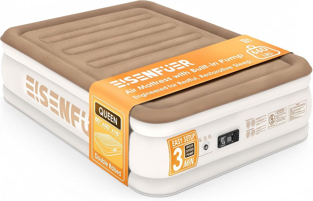 Air Mattress Queen with Built-in Pump  18" Raised Inflatable Mattress with High-Speed Pump, Durable Blow Up Mattress, colchn inflable, Carry Bag, Comfy Air Bed Perfect for Guests, Glamping, Moving (Camel Beige)