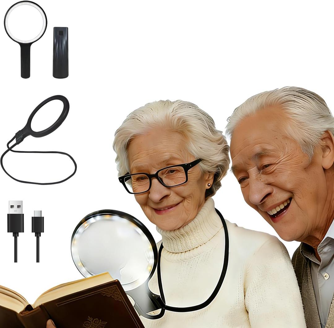 5X Hands-Free Magnifying Glass with Light, Rechargeable Neck Magnifier for Reading, Crafts, Cross Stitch - Adjustable Brightness for Low Vision Seniors & Close Work