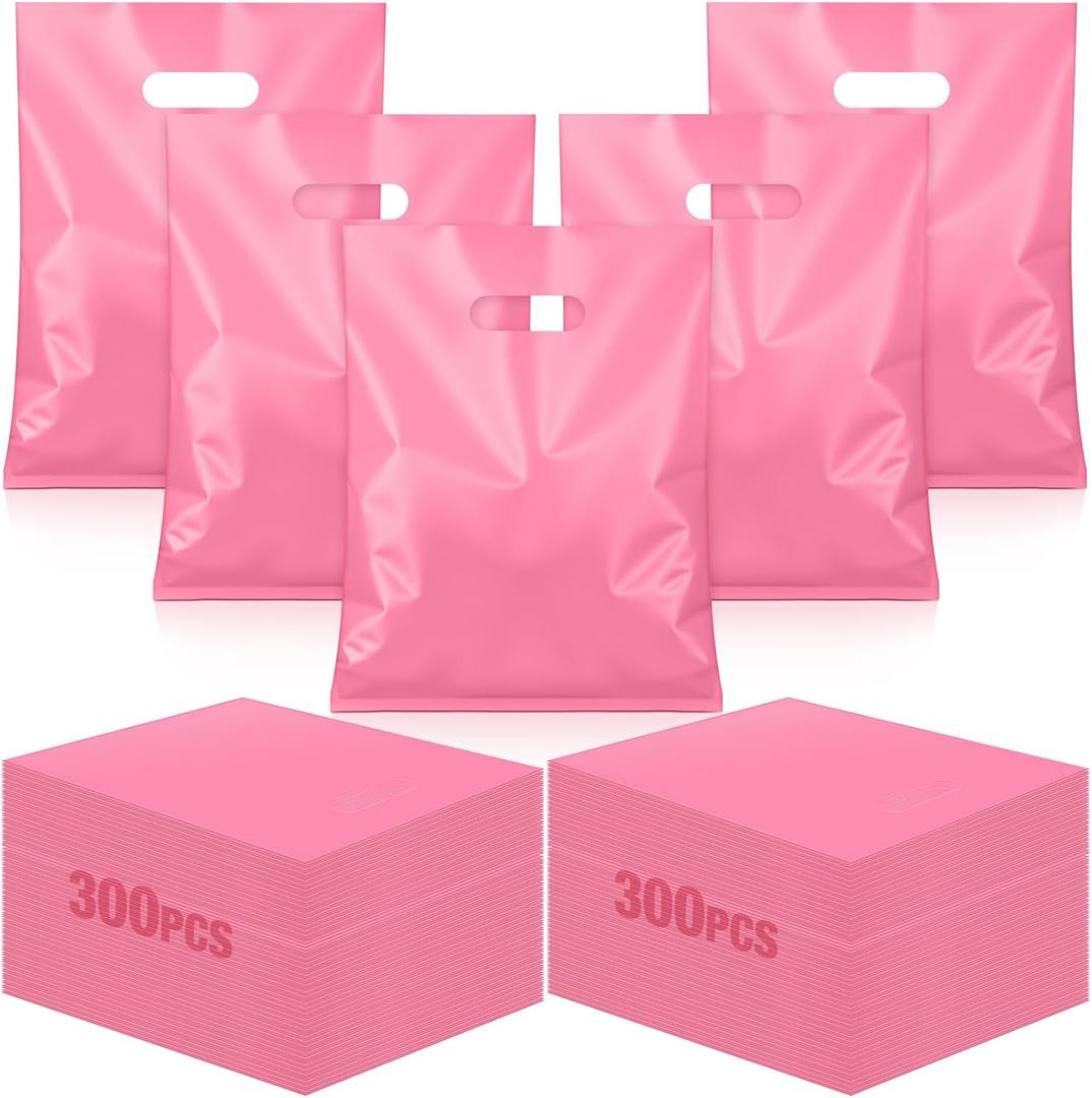 Qilery 300 Pcs Plastic Gift Bags Die Cut Handle Bags Retail Plastic Shopping Merchandise Gift Candy Bag Strong Durable, for Small Business, Retail Trade Show, Party and More(Pink)