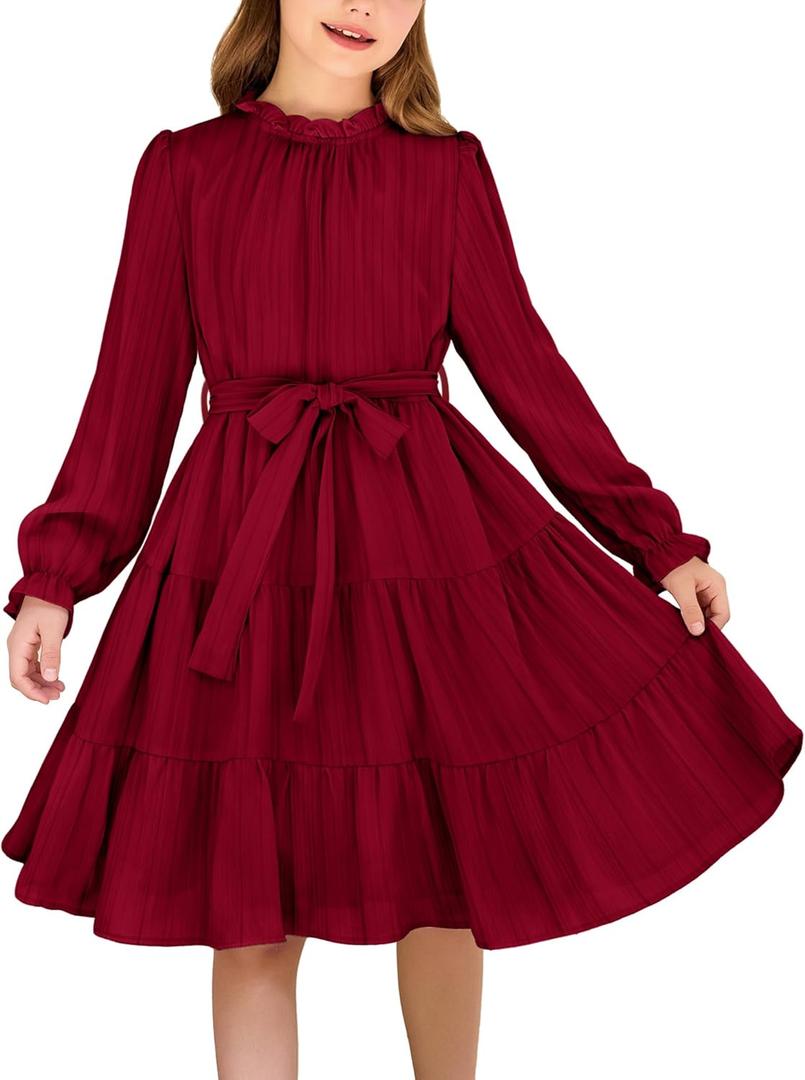 Arshiner Girls Long Sleeve Dress Tween Fall Formal Party Holiday Midi Tiered Flowy Swing Dresses with Belt (Red, 140)