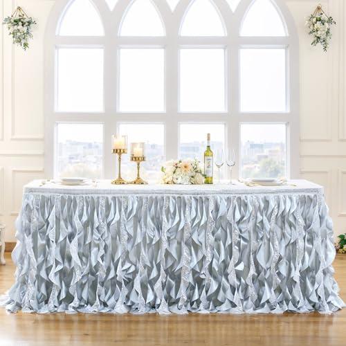 14Ft Silver Sequin Table Skirt for Rectangle or Round Tables,Curly Willow Tutu Ruffle Table Cloth,Sequin Desk Skirt for Birthday,Part,Banquet,Wedding,Baby Shower,Retirement Party,Table Decorations
