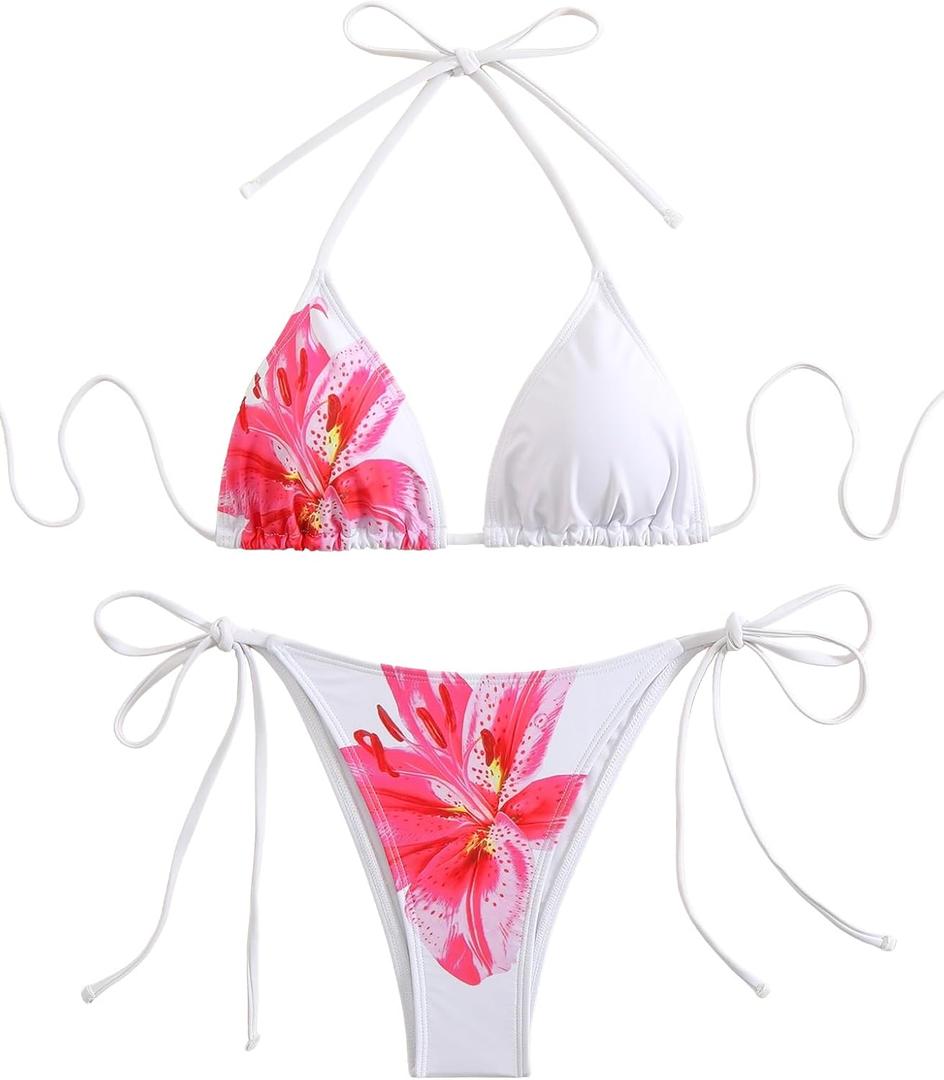 SEGT Women's 2 Piece Floral Print Halter Neck Tie Bikini Set Triangle String Thong Swimsuit Summer Bathing Suits for Women, Size S (White Red)
