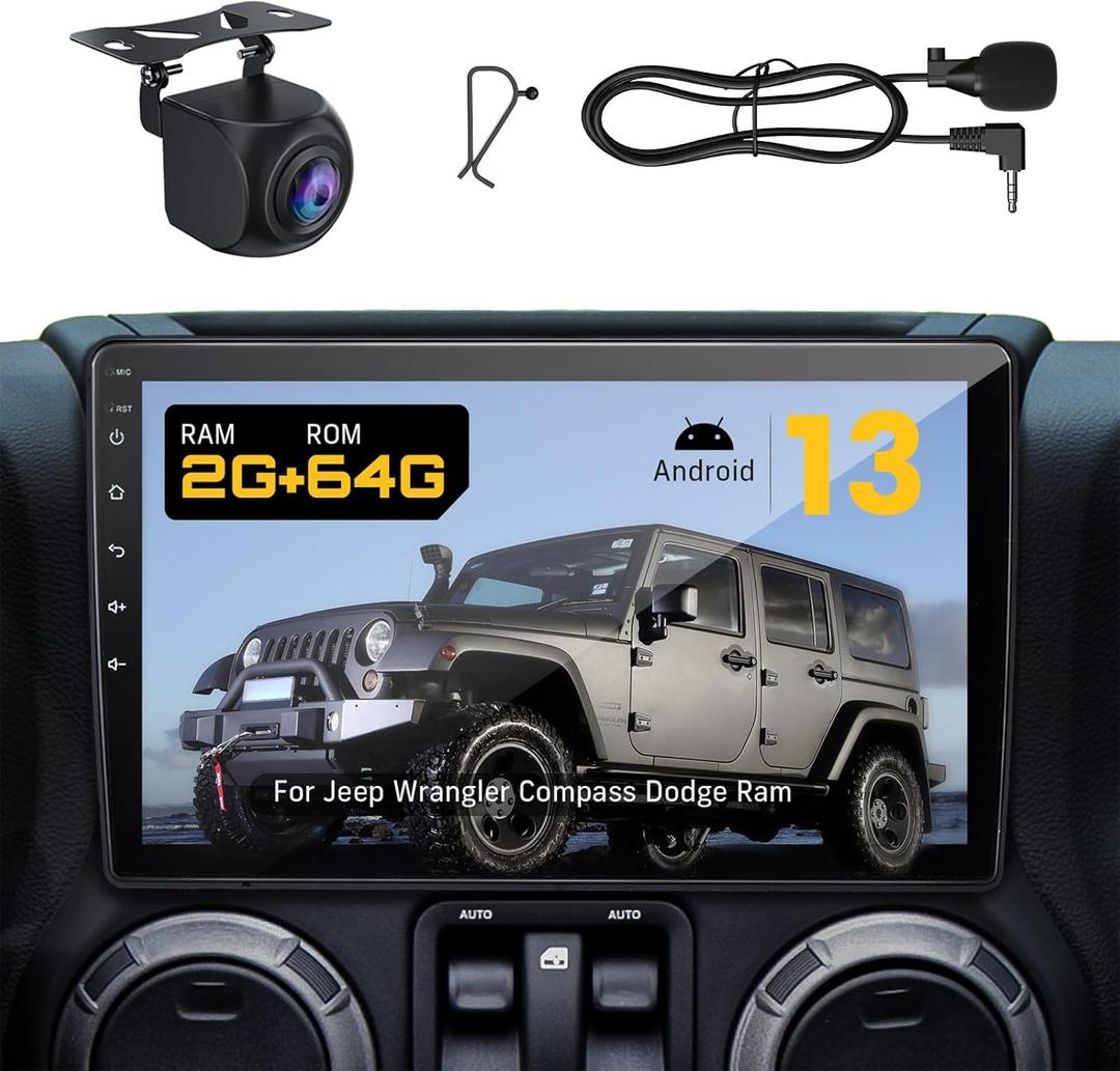 Upgraded 10" Car Radio Stereo for Jeep Wrangler JK 2007-2018 Dodge Ram 1500 2500 3500 Grand Cherokee, CarPlay/Android Auto/Android 13/2G+64G/GPS Navigation/Backup Camera,Built in Cooling Fan