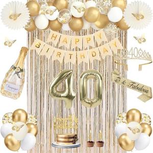 40th Birthday Decorations for Women, Champagne Gold 40th Birthday Decorations Women, 40 Sash and Crown, Banner, Fringe Curtains, Hanging Paper Fans, 40 and fabulous decor