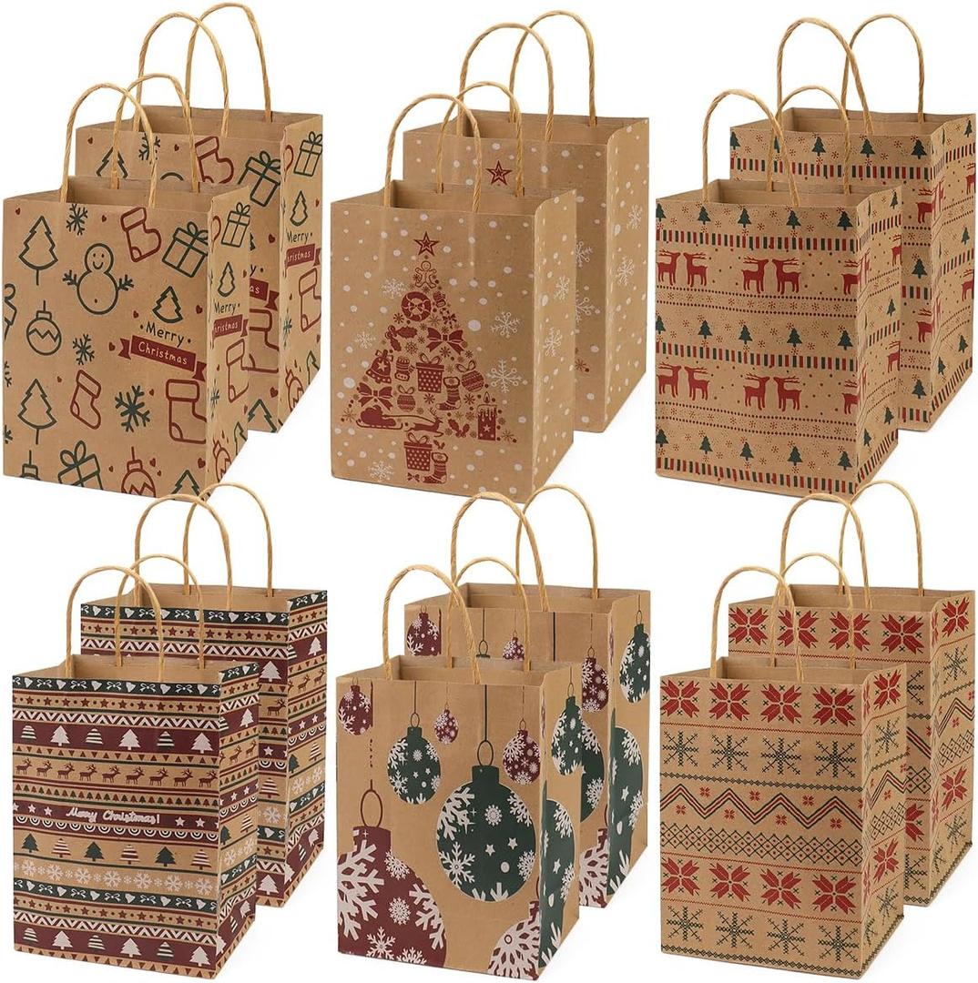 12PCS Christmas Kraft Gift Bags - Assorted Styles With Handles and Prints for Xmas Gift Wrapping and Party Supplies