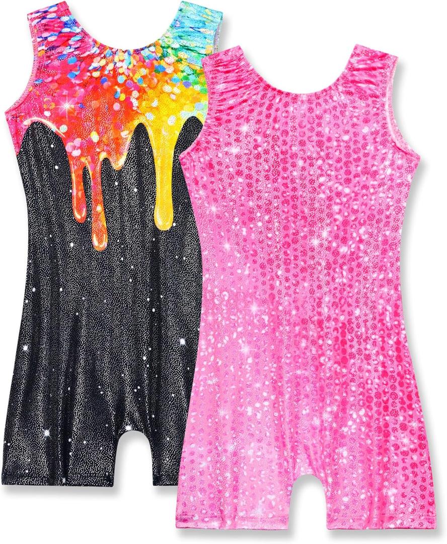 Nymphperi 2 Packs Gymnastics Leotard for Girls Sparkle Biketards with Shorts Kids Sleeveless Unitard One-Piece Dancewear (Rose Black)