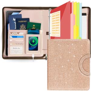 Trapper Keeper Binder Leather Business Portfolio Organizer with Zipper, Detachable 3 Ring Binder with Storage Clipboard, Fits Letter Size Paper, with Refillable Notepad, 5 Extra Folder Fivider Pages (Rose Gold)