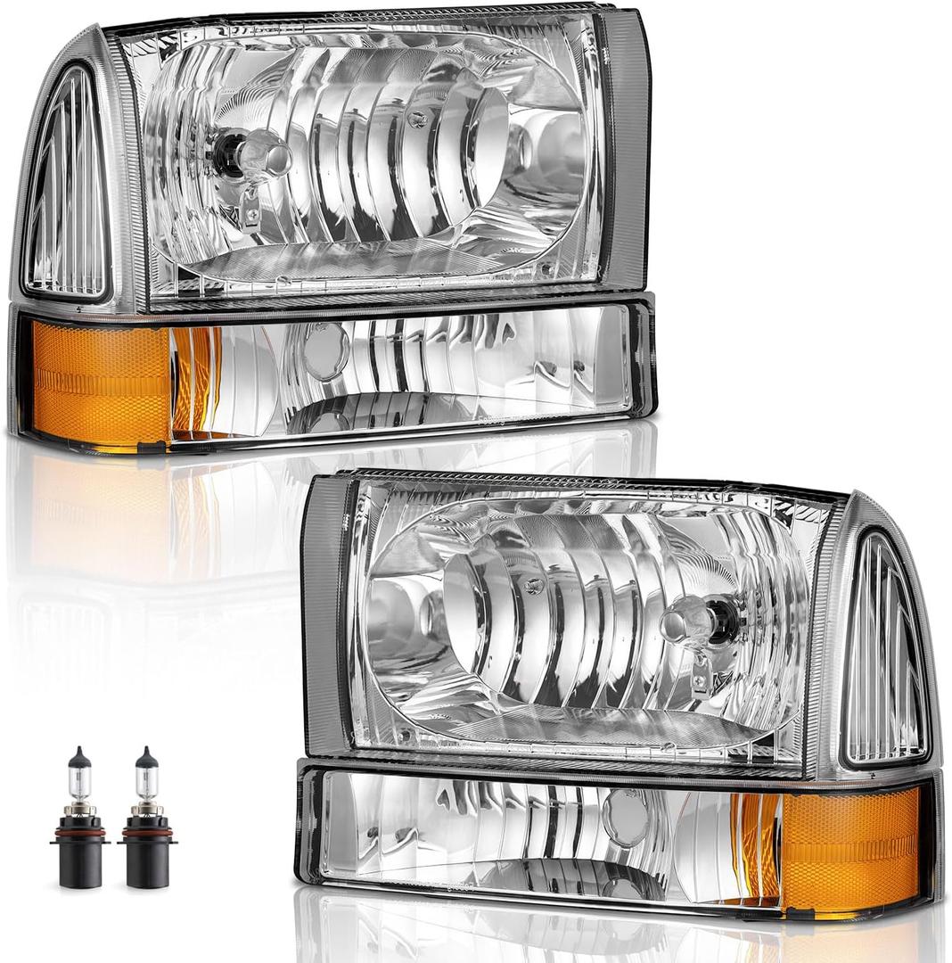 WEELMOTO Headlights Assembly W/Bulbs for 99-04 Ford Super Duty F250 F350 F450 F550, for 00-04 Ford Excursion Headlight with Bumper Signal Corner Light (NOT FOR SEALED BEAM MODELS) (Clear Lens I Chrome Housing I Amber Reflector)