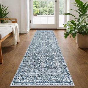 KUTA Vintage Washable Runner Rug, 2x5 Runners Non-Slip Blue White 5ft Hallway Kitchen Rugs Ultra Soft Printed Floral Distressed Tribal Farmhouse Carpet for Bedroom Entryway Decor