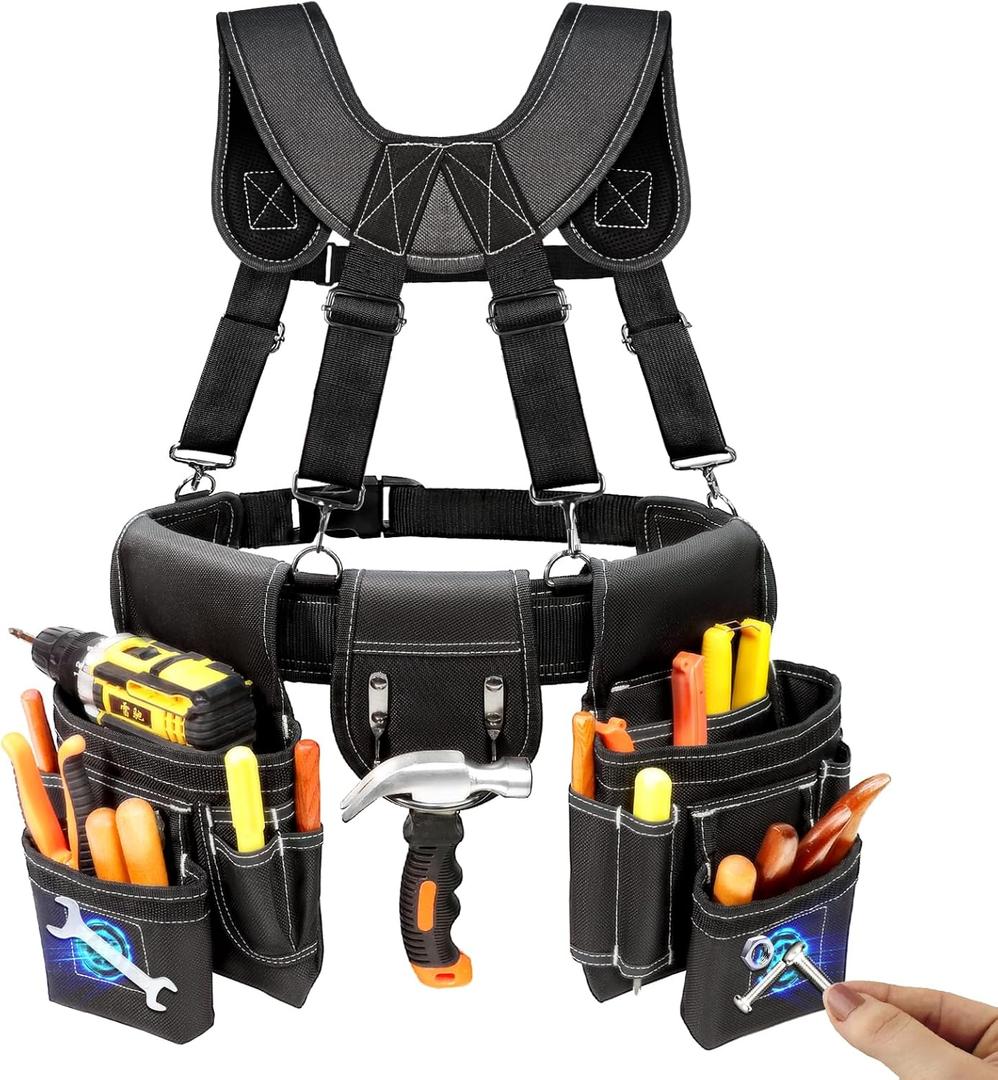 Tool Belt, Professional Tool Belts for Men, Magnetic Tool Pouch With Suspenders, Heavy Duty Detachable Adjustable Utility Belt Work Bags for Electrician, Carpenter (Black, 32''-66'')
