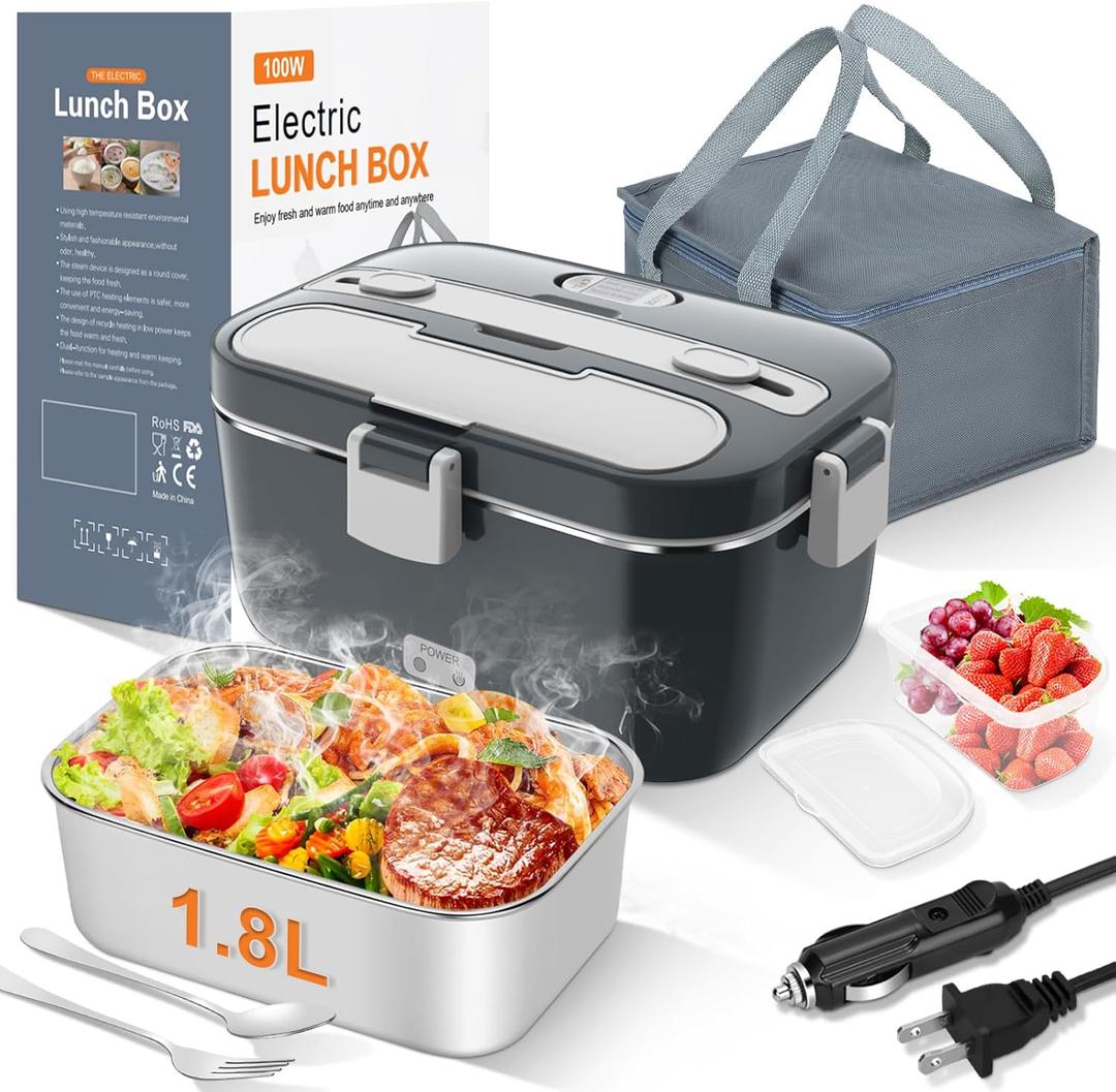DUPASU Electric Lunch Box Food Warmer: 100W Heated Lunch Box for Adults, 1.8L Portable Fast Heating Lunchbox Food Heater for Car, Truck, Work, Travel, Lonchera Elctrica Porttil 12/24V/110-230V (Light grey+Charcoal grey)