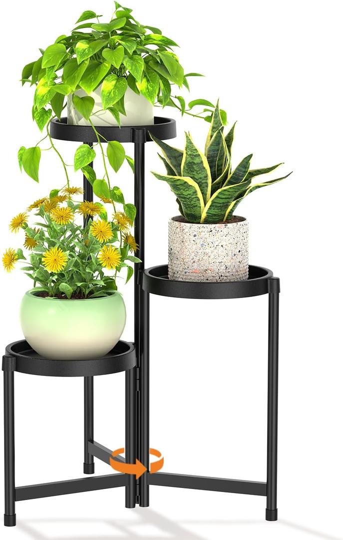 LASZOLA 3 Tiered Folding Plant Stand Indoor for Multiple Large Planter, Tall Heavy Duty Adjustable Rack with Rust Proof Plastic Shelving, Sturdy Vertical Tree Organizer for Narrow Inside Floor, Black