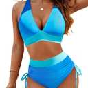 Blooming Jelly Women High Waisted Bikini Sets Tummy Control Swimsuits Color Block Two Piece Drawstring Bathing Suit (Small, Blue062)