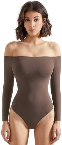 SUUKSESS Women Off the Shoulder Long Sleeve Bodysuit Double Lined Thong Bodysuit Size XS