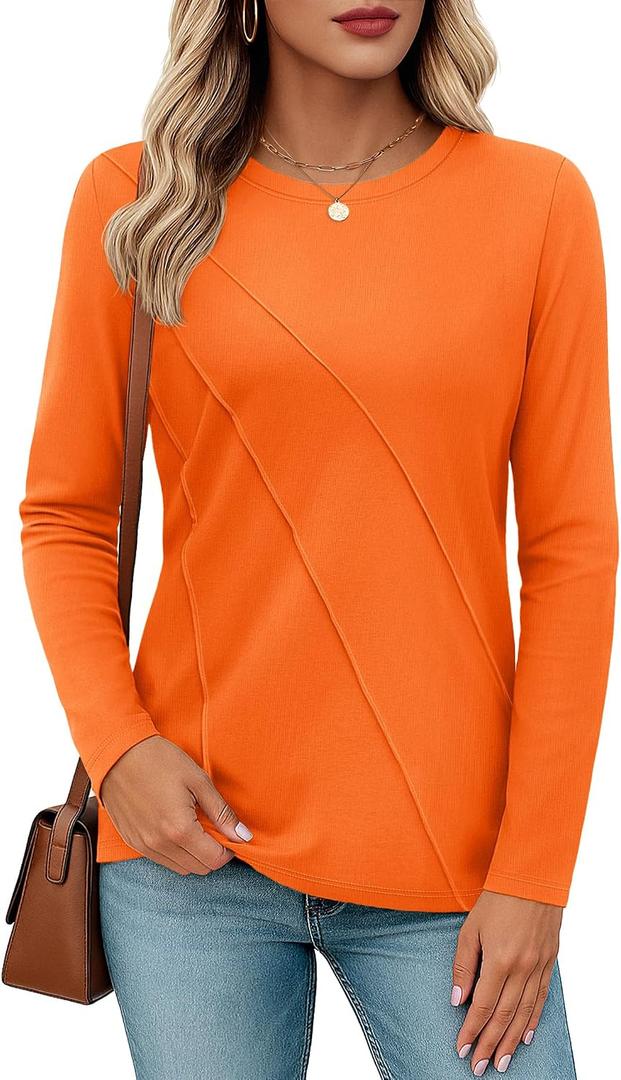 YUCOLEN Long Sleeve Shirts for Women Pleated Crew Neck Cotton T Shirts Solid Color Soft Casual Basic Tees Fall Trendy Tops (Orange, XXL)