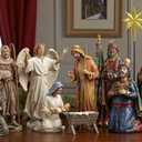 Nativity Scene Set with 11 Pieces - Magi, Angel, Shepherds, Jesus, Real Gold Trunk (14 inch)