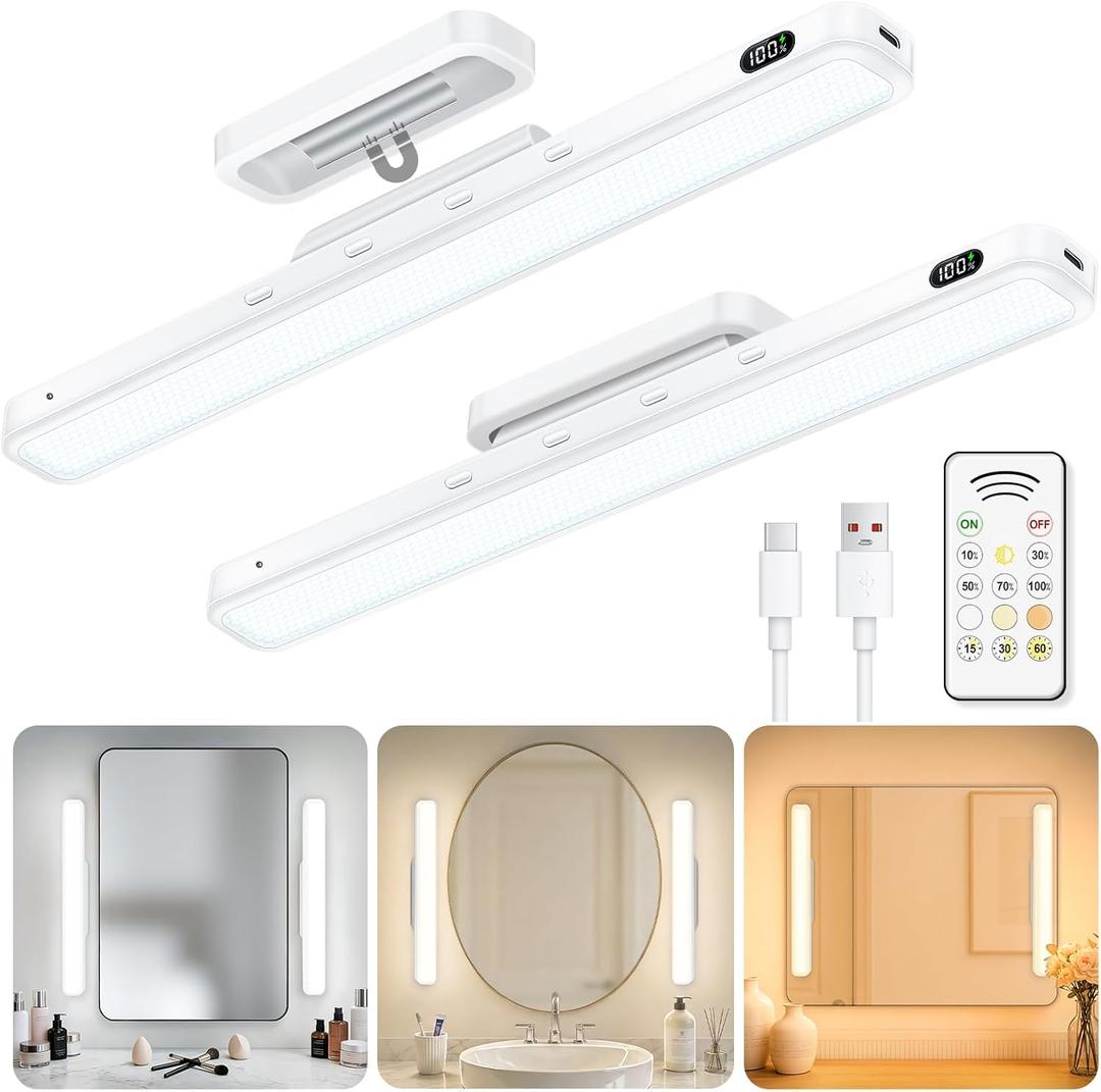 WILLED 5W Mirror Lights with Remote Control,Eye-Friendly Vanity Lights Stick on,Adjustable Color Temperatures Makeup Light with Battery Level Display,Rechargeable Light bar for Bathroom(2 Pack) (White)