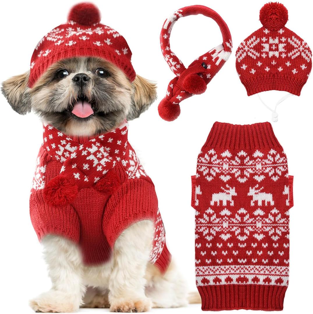 Dog Christmas Outfit 3 PCS Set Pet Xmas Sweater Hat Scarf Snowflake Christmas Dog Cat Sweaters Costume Winter Warm Small Dogs Clothes New Year Holiday Puppy Clothing (Scarf + Hat + Sweater,M)
