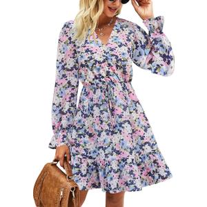 KIRUNDO Women's 2024 Spring Dresses Casual Long Sleeve Floral Print V Neck Ruffle High Waist Flowy Mini Dress with Belt(Apricot Flower, Medium)
