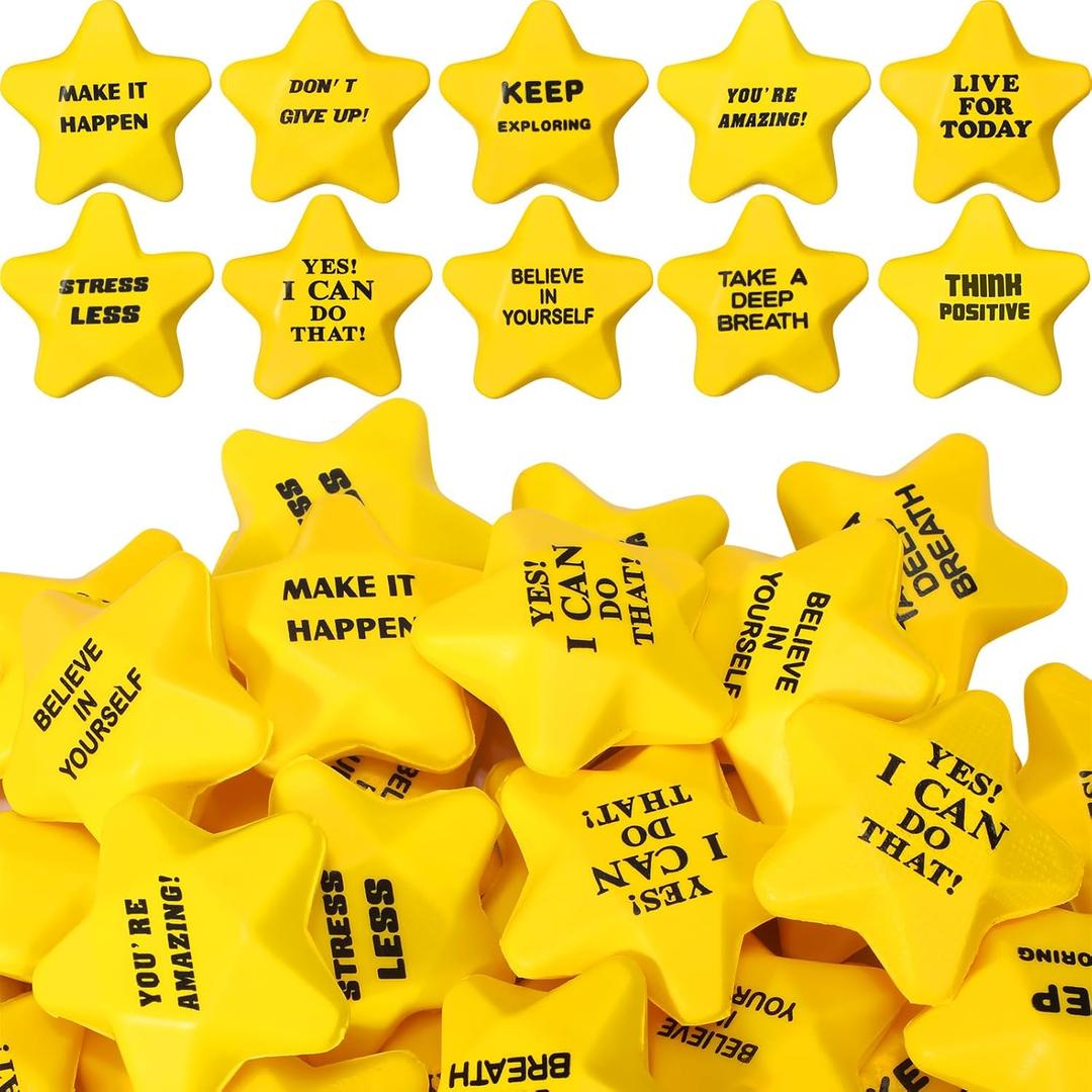 100 Pcs Motivational Star Stress Balls Bulk Anxiety Stress Relief Balls Inspirational Mini Foam Star Toys Stuff for Adults Prizes Gifts Fidget Toys Party Supplies, Yellow (10 Style)