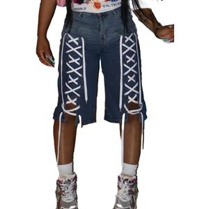Women's Rhinestone Denim Shorts Casual Stretchy High Waisted Bermuda Jean Shorts with Belt Y2K Streetwear (Blue, M)