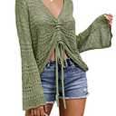FERBIA Women Crochet Top Beach Cloth Drawstring Shirt Cover Up Oversized Sexy Beachwear Lace Up Tee Poncho (Army Green, Medium)