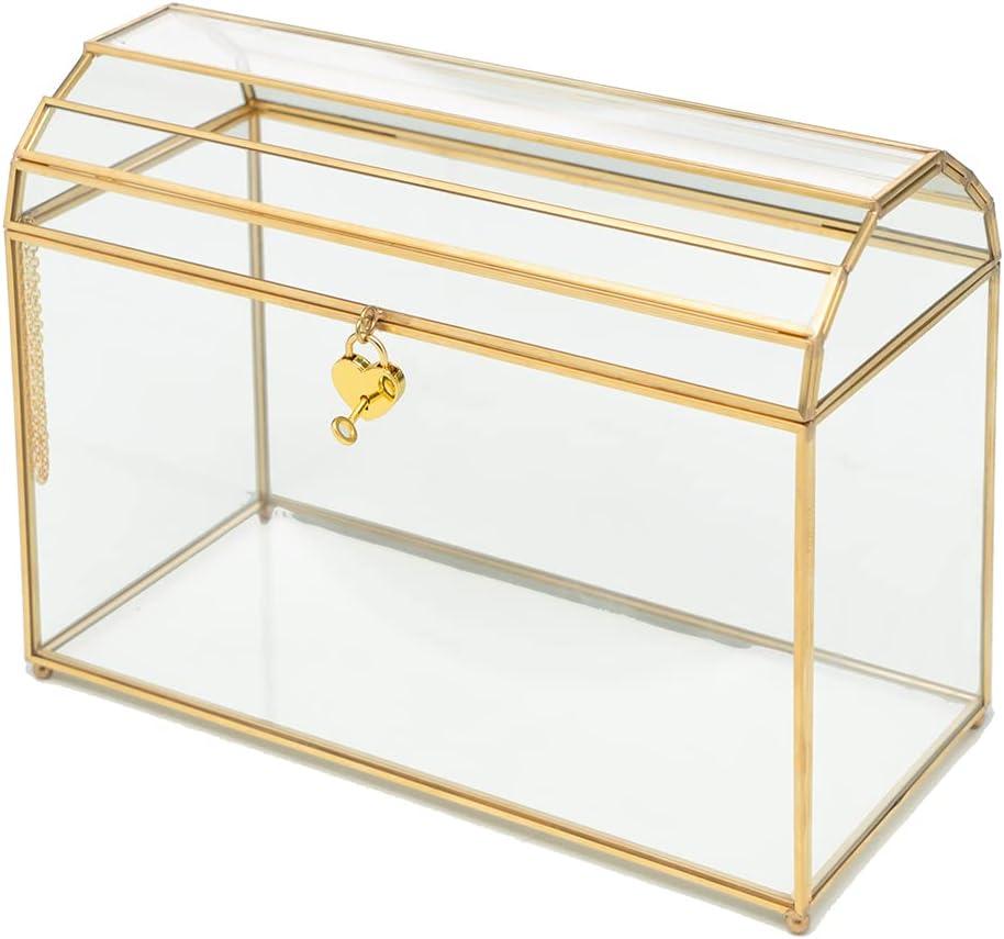 Gold Wedding Card Box with Slot and Lock - Glass, Brass Wedding Gift Box for Cards - Bin Container for Reception Bridal Baby Shower
