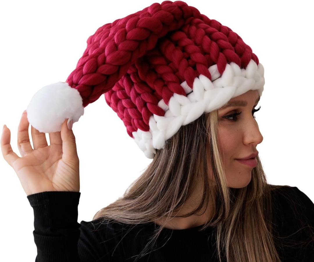 Pin Up Doll Hand Knitted Chunky Unique Santa Hat, Red Santa Beanie, Christmas Party Women's Slouchy Christmas Hat
