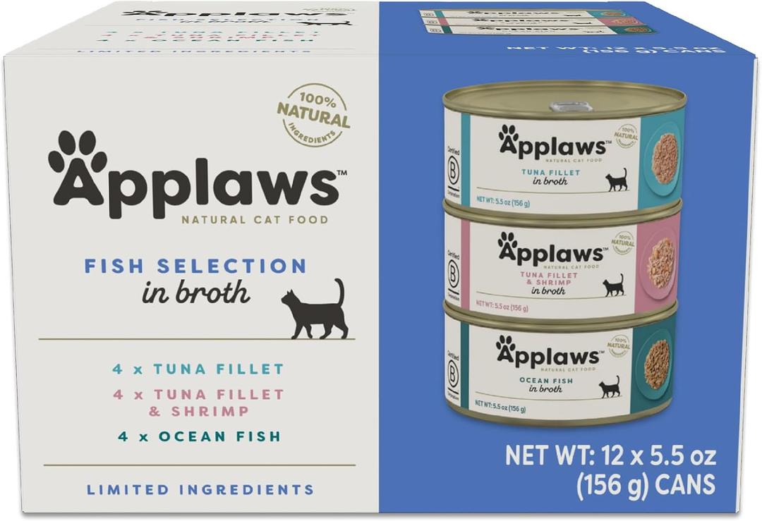 Applaws Natural Wet Cat Food in Broth, Limited and Natural Ingredients, High Protein with No Artificial Additives, Fish Selection Variety Pack in Broth (12 x 5.5oz Cans) (EXP 09/23/28)