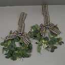 Syhood 2 Pieces 9" Mini Eucalyptus Wreath Artificial Spring Summer Greenery Wreath for Front Door Farmhouse Kitchen Cabinet with Ribbon for Porch Wall Window Decor(Plaid Bow Style)