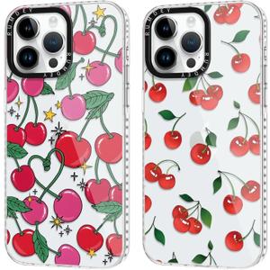 2 Pack Cute Coquette Cherry Print for iPhone 13 Pro 6.1" Phone Case, Transparent Aesthetic Design Clear Cases Soft Silicone TPU Shockproof Protective Fundas for Women Girls(Red Cherry Print)