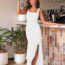 BORIFLORS Women's Elegant Bodycon Ruched Maxi Cocktail Dress Mesh Sleeveless Mermaid Ruffle Beach Wedding Guest Long Dresses, Small, White