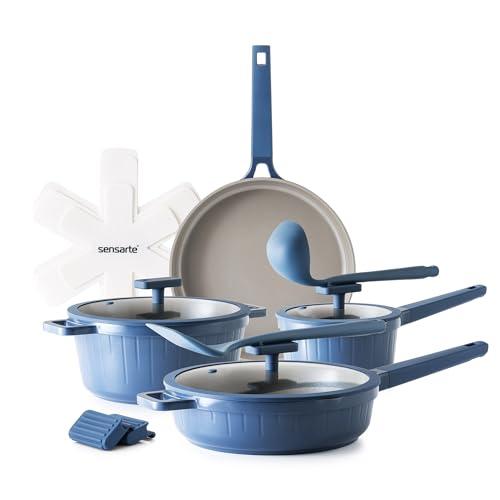 SENSARTE Ceramic Cookware Set Non-toxic 14 Pcs, Nonstick Pots and Pans Set, Dishwasher Safe Induction Cookware, Healthy Kitchen Cooking Set, PFOA/PFAS/PTFE Free (Velvet Blue)