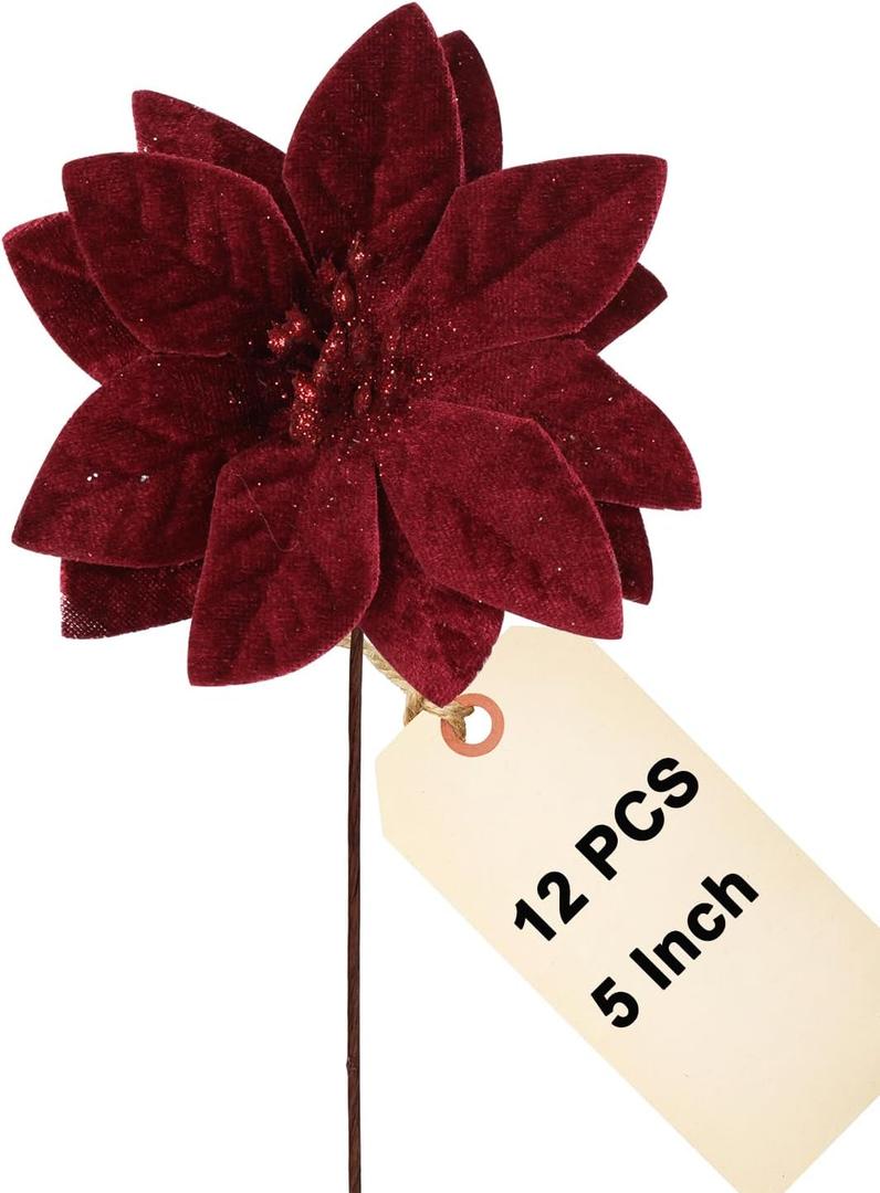 vensovo 5 Inch Red Christmas Poinsettia Flowers for Tree - 12PCS Deep Red Christmas Tree & Wreath Floral Decorations for Holiday DIY, Gift Wrap & Home Decor