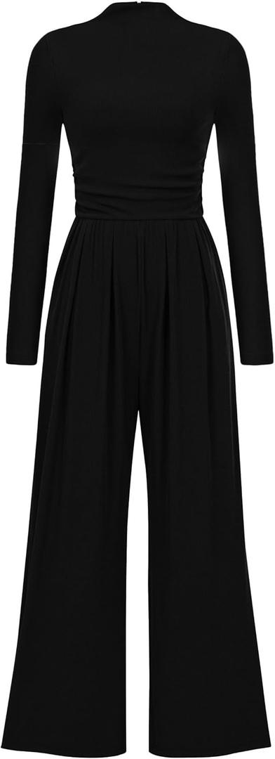 PRETTYGARDEN Womens Jumpsuit Dressy Casual Spring Fall Fashion One Piece Outfits Long Sleeve Mock Neck Wide Leg Pants Rompers (XX-Large, Black)