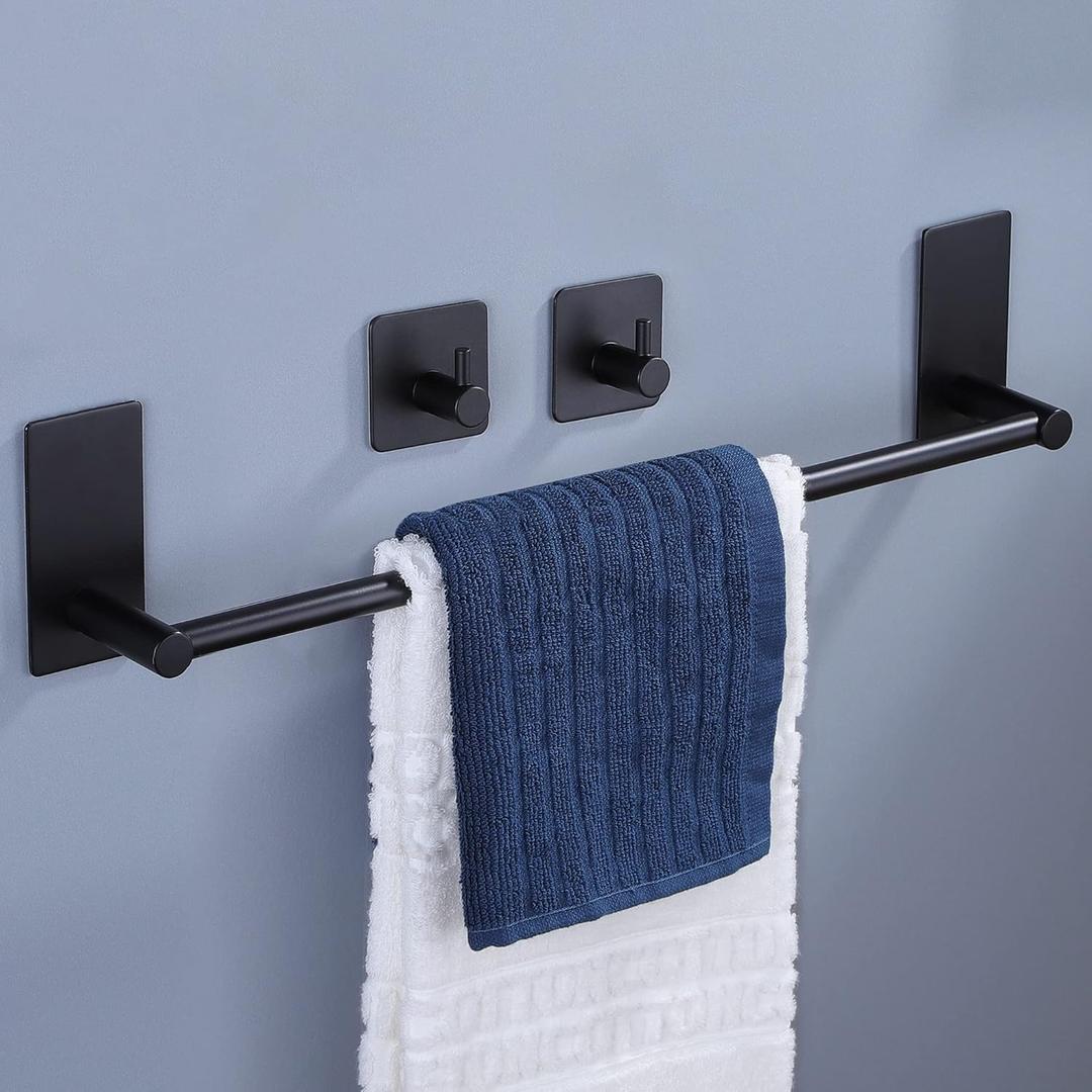 Taozun Towel Bar - Towel Holder with 2 Packs Adhesive Hooks Black 16-Inch Hand Towel Rack Stick on Wall, Stainless Steel Bathroom Hardware Accessory Kit (16-Inch, Black)